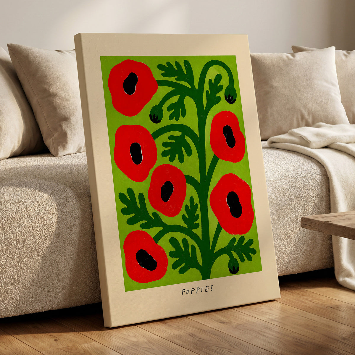 Poppies on Lime, red, green, black floral wall art displayed in a styled interior, gallery view 3