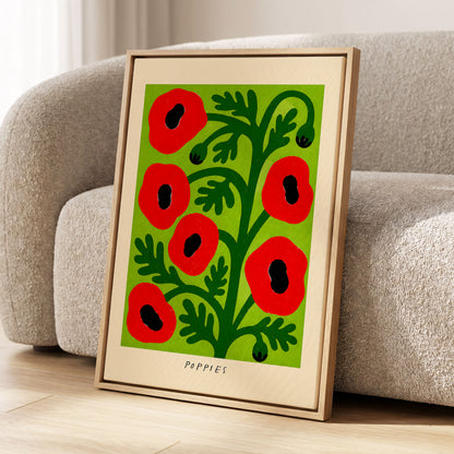 Poppies on Lime, red, green, black floral wall art displayed in a styled interior, gallery view 4