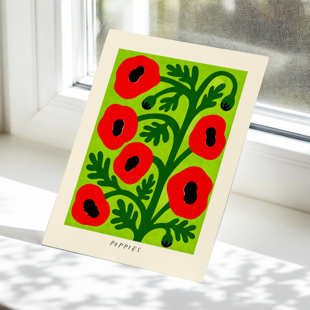 Poppies on Lime, red, green, black floral wall art displayed in a styled interior, gallery view 5