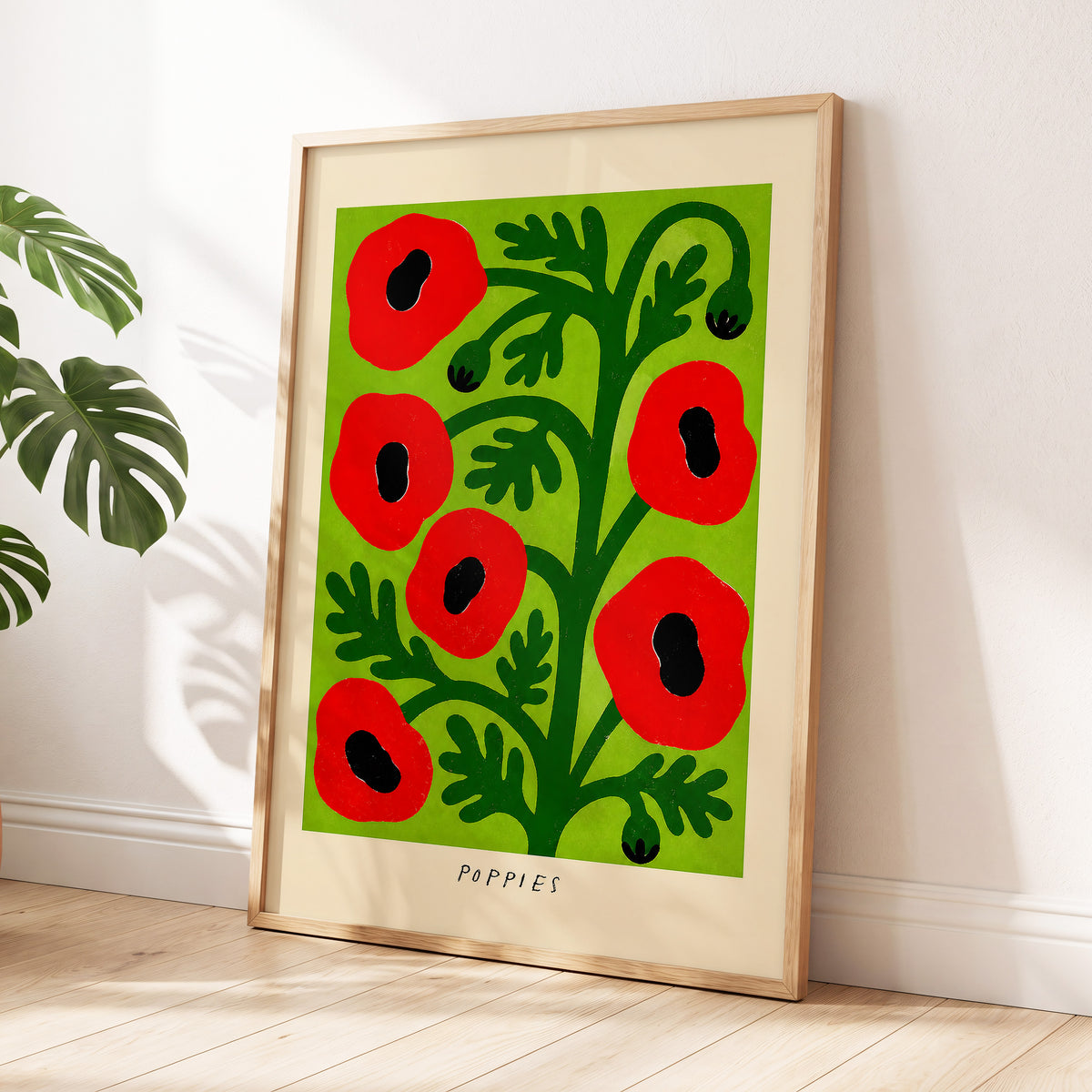 Poppies on Lime, red, green, black floral wall art displayed in a styled interior, gallery view 6