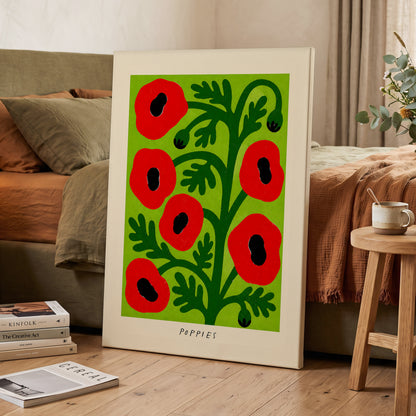 Poppies on Lime, red, green, black floral wall art displayed in a styled interior, gallery view 7