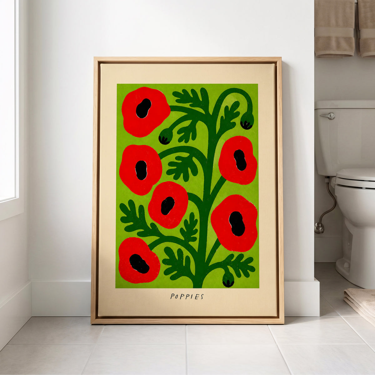 Poppies on Lime, red, green, black floral wall art displayed in a styled interior, gallery view 8