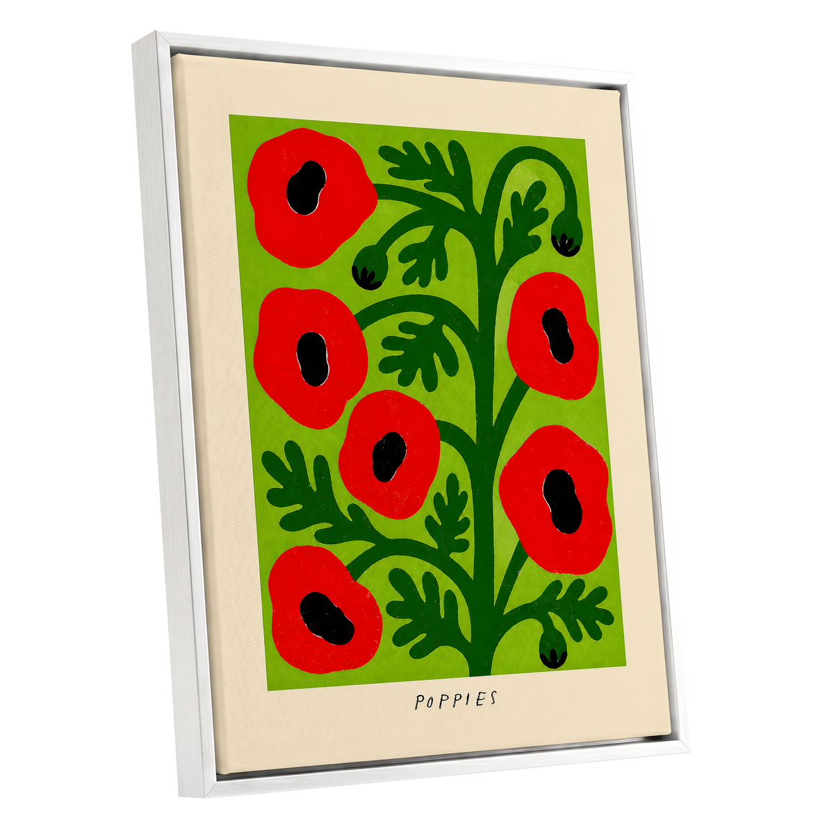Poppies on Lime, red, green, black floral wall art shown as a white framed canvas wall art