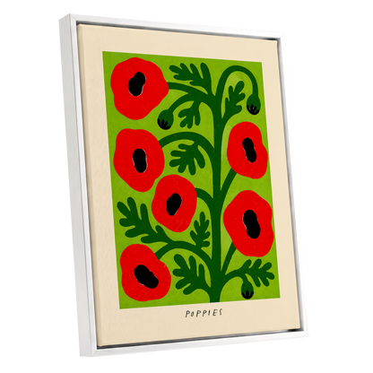 Poppies on Lime, red, green, black floral wall art shown as a white framed canvas wall art