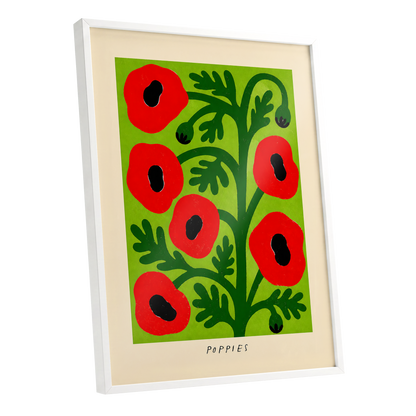 Poppies on Lime, red, green, black floral wall art shown as a white framed poster wall art print