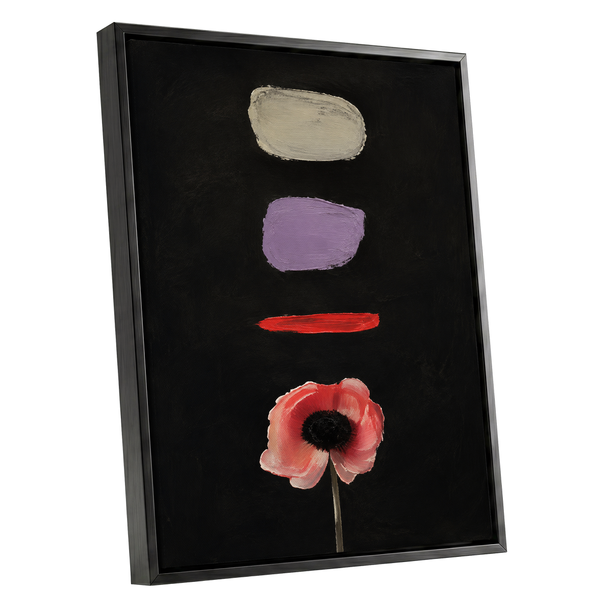 Poppy and Painted Pauses, black, pink, beige floral wall art shown as a black framed canvas wall art