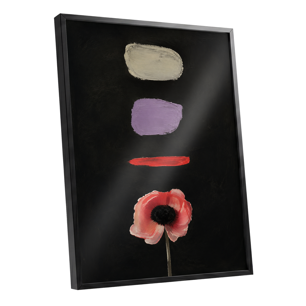Poppy and Painted Pauses, black, pink, beige floral wall art shown as a black framed poster wall art print