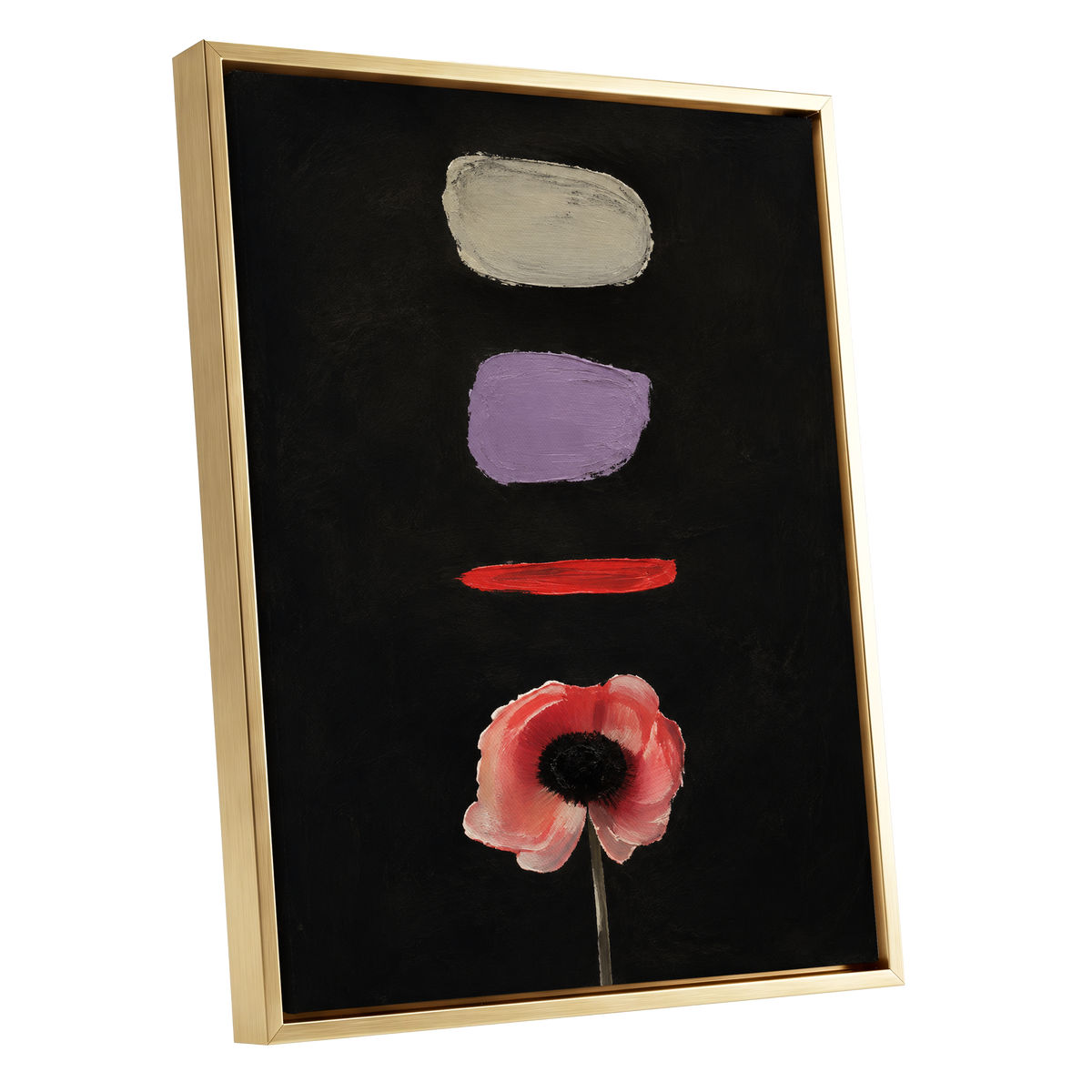 Poppy and Painted Pauses, black, pink, beige floral wall art shown as a gold framed canvas wall art
