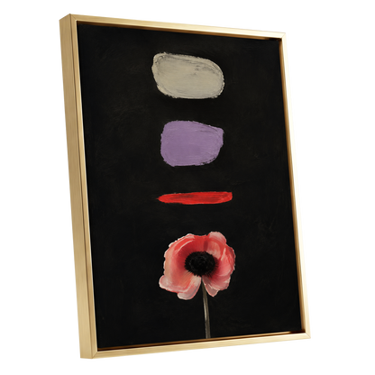 Poppy and Painted Pauses, black, pink, beige floral wall art shown as a gold framed canvas wall art
