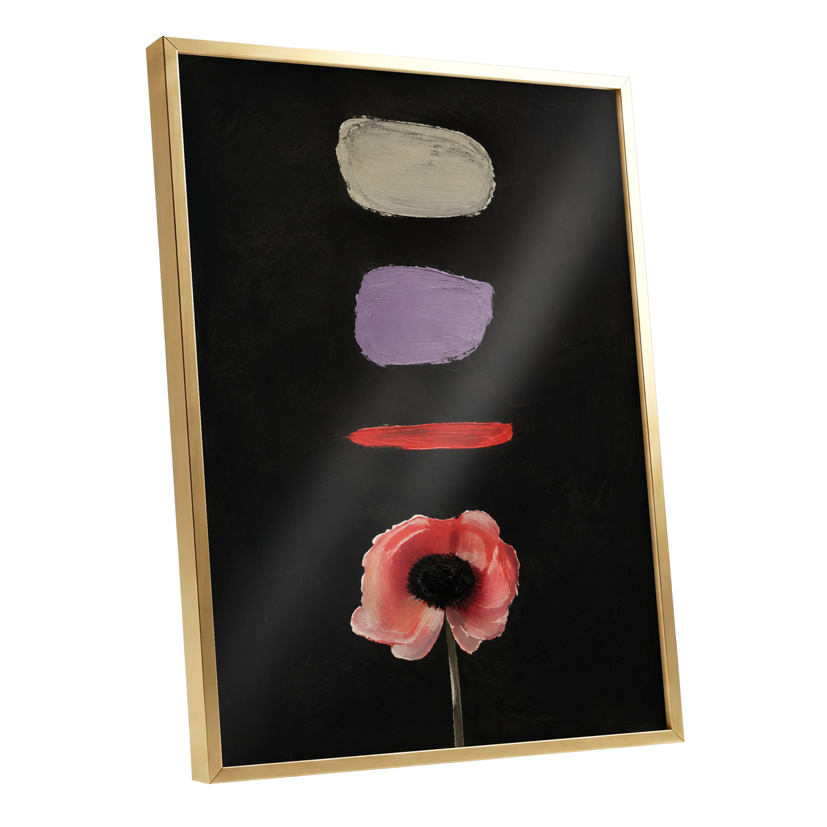 Poppy and Painted Pauses, black, pink, beige floral wall art shown as a gold framed poster wall art print