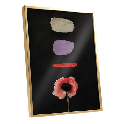 Poppy and Painted Pauses, black, pink, beige floral wall art shown as a gold framed poster wall art print