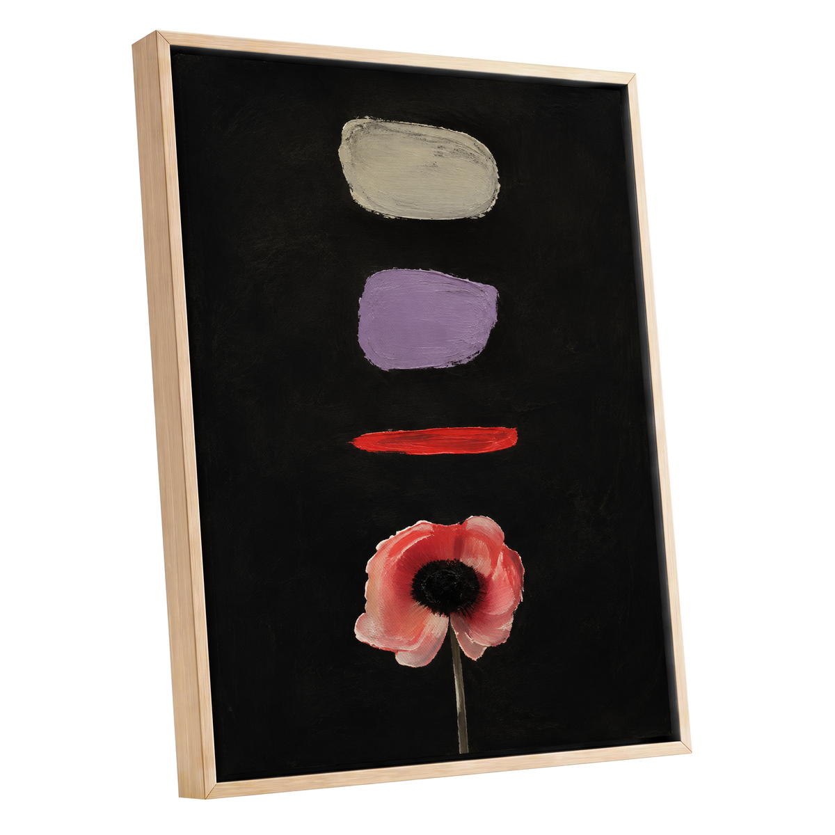 Poppy and Painted Pauses, black, pink, beige floral wall art shown as a oak framed canvas wall art