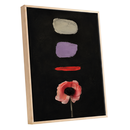 Poppy and Painted Pauses, black, pink, beige floral wall art shown as a oak framed canvas wall art