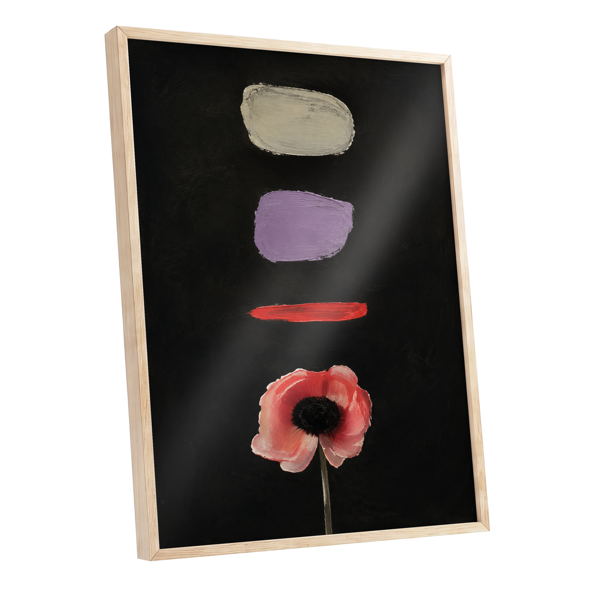 Poppy and Painted Pauses, black, pink, beige floral wall art shown as a oak framed poster wall art print