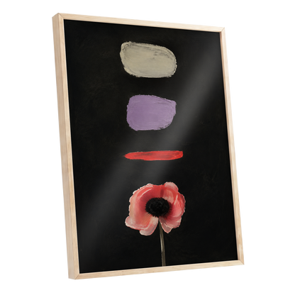 Poppy and Painted Pauses, black, pink, beige floral wall art shown as a oak framed poster wall art print