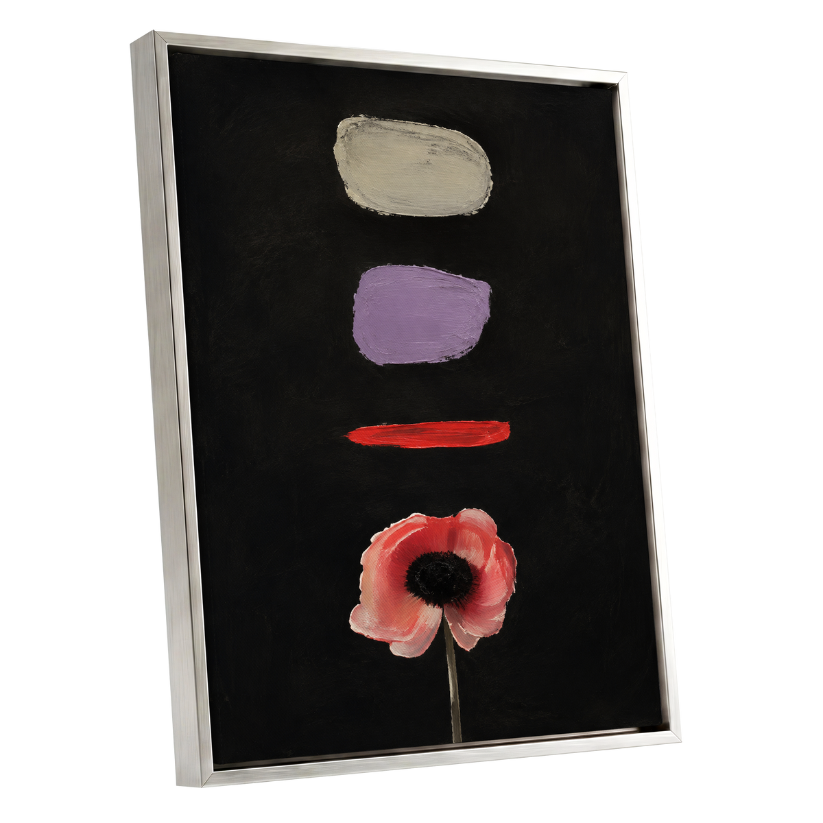 Poppy and Painted Pauses, black, pink, beige floral wall art shown as a silver framed canvas wall art