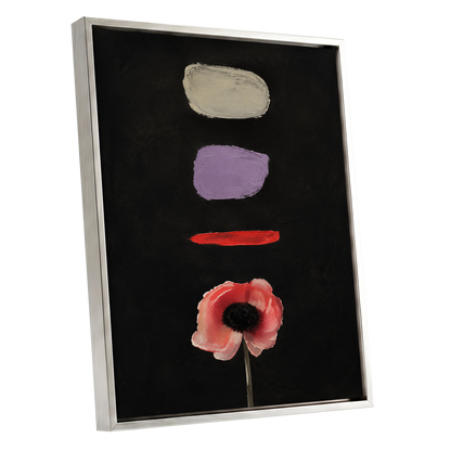 Poppy and Painted Pauses, black, pink, beige floral wall art shown as a silver framed canvas wall art