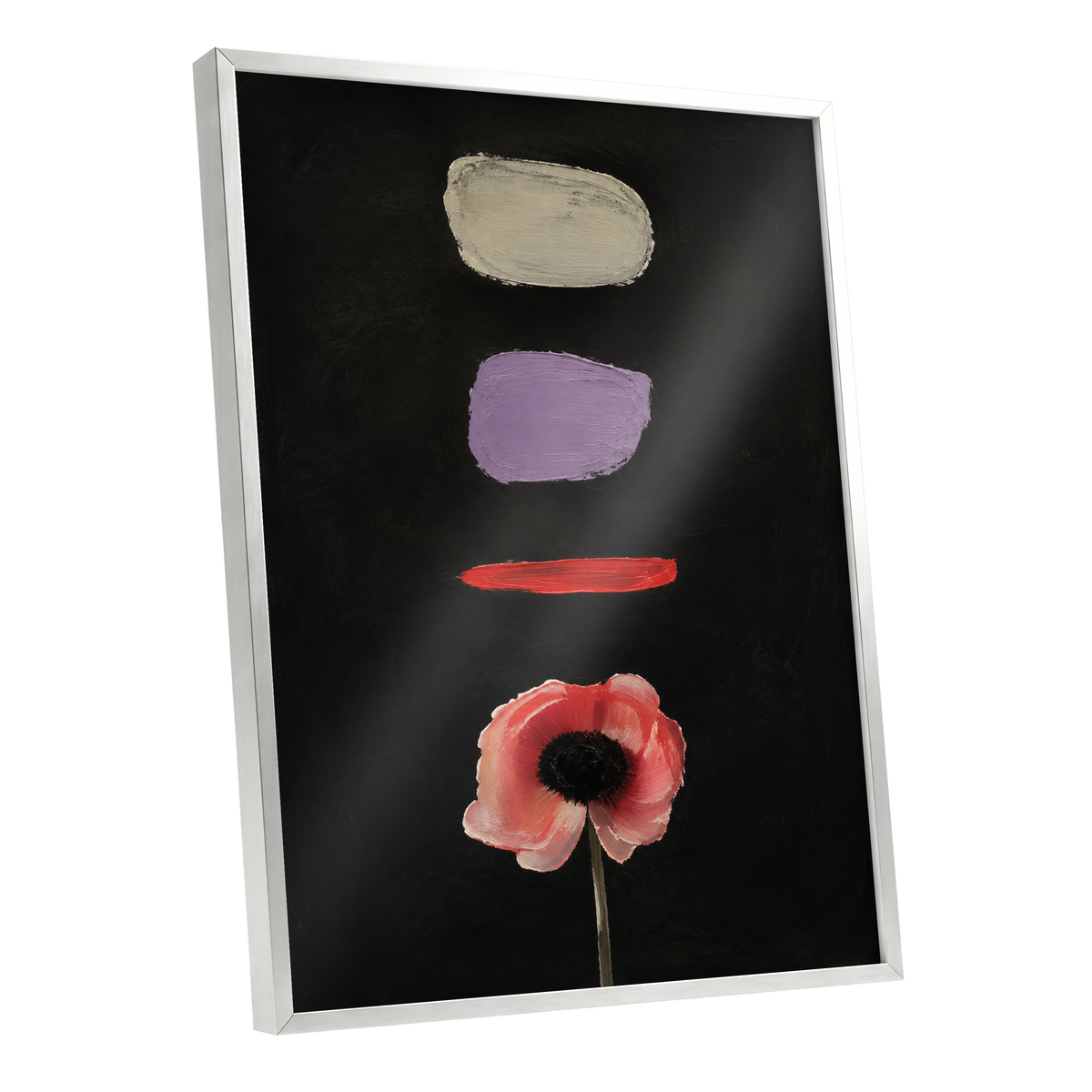 Poppy and Painted Pauses, black, pink, beige floral wall art shown as a silver framed poster wall art print