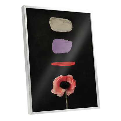 Poppy and Painted Pauses, black, pink, beige floral wall art shown as a silver framed poster wall art print