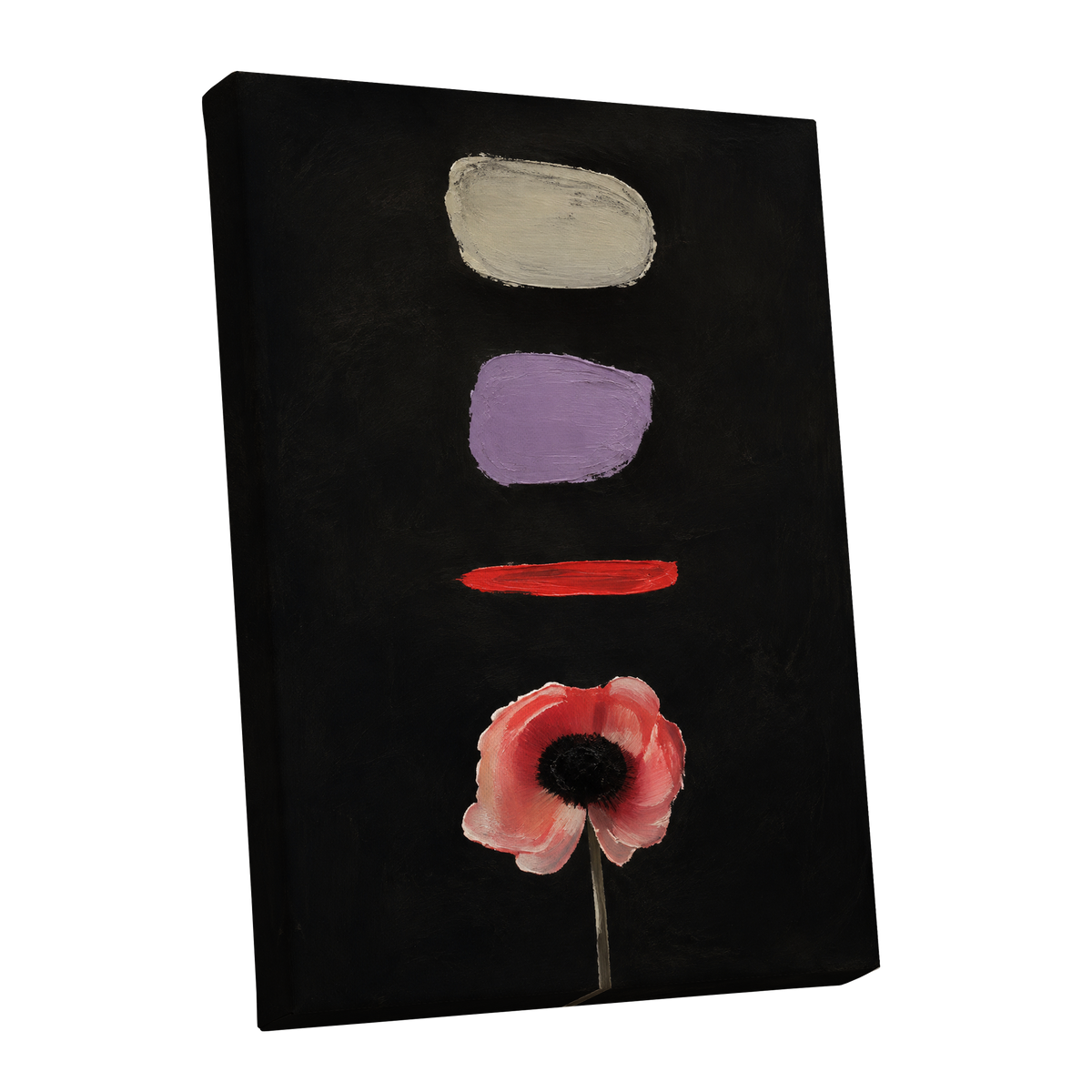 Poppy and Painted Pauses, black, pink, beige floral wall art shown as a stretched canvas wall art