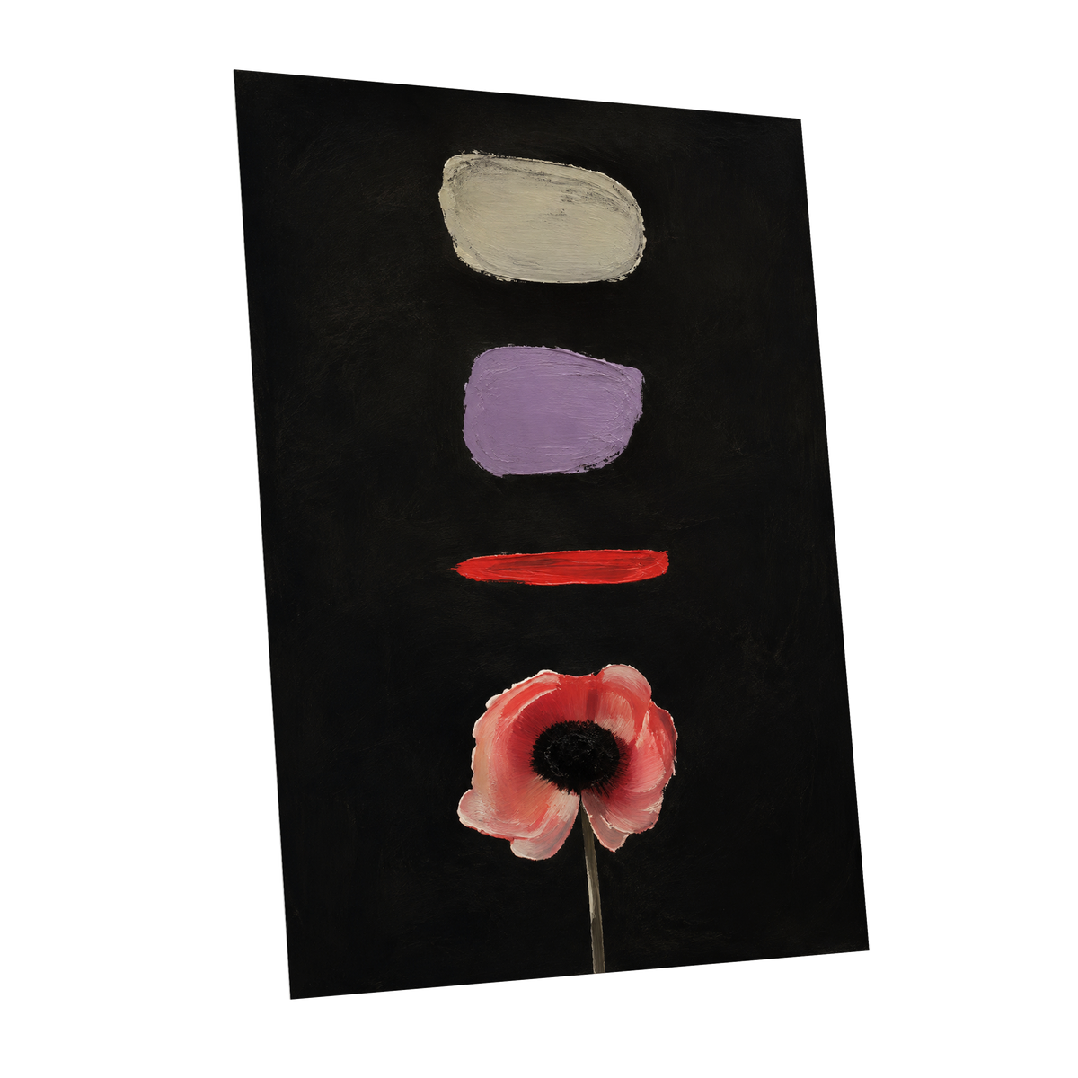 Poppy and Painted Pauses, black, pink, beige floral wall art shown as a unframed poster wall art print
