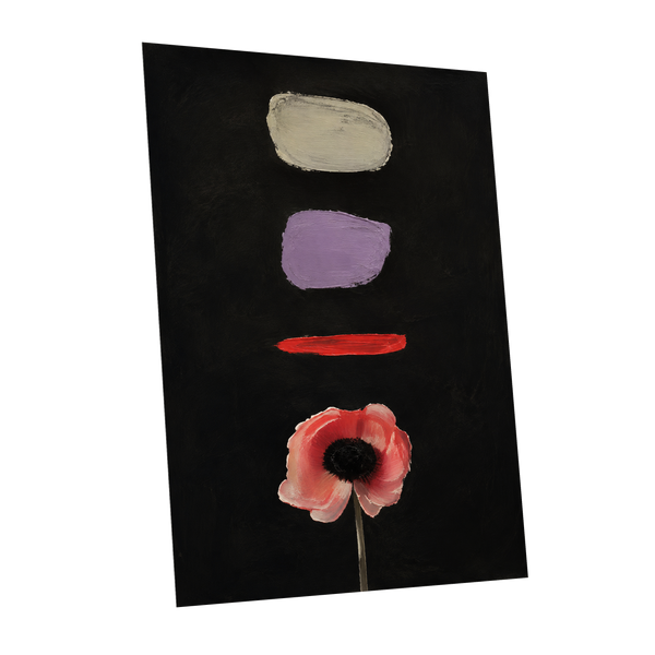 Poppy and Painted Pauses, black, pink, beige floral wall art shown as a unframed poster wall art print