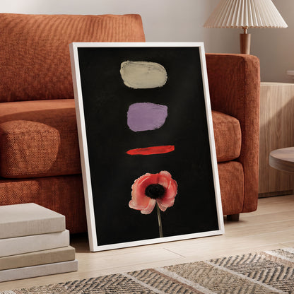 Poppy and Painted Pauses, black, pink, beige floral wall art displayed in a styled interior, gallery view 2