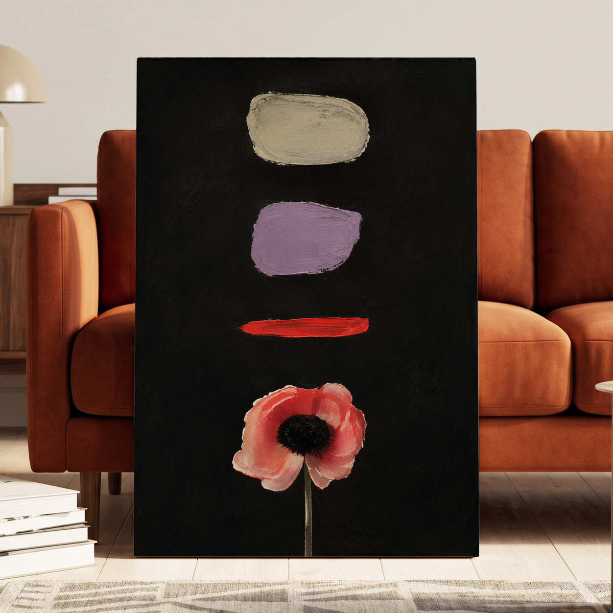 Poppy and Painted Pauses, black, pink, beige floral wall art displayed in a styled interior, gallery view 3