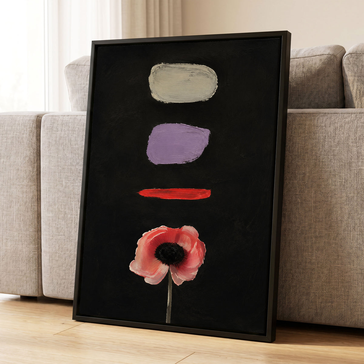 Poppy and Painted Pauses, black, pink, beige floral wall art displayed in a styled interior, gallery view 4
