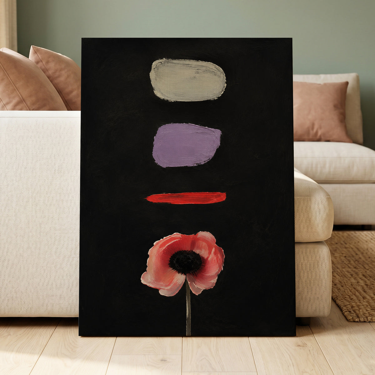 Poppy and Painted Pauses, black, pink, beige floral wall art displayed in a styled interior, gallery view 7