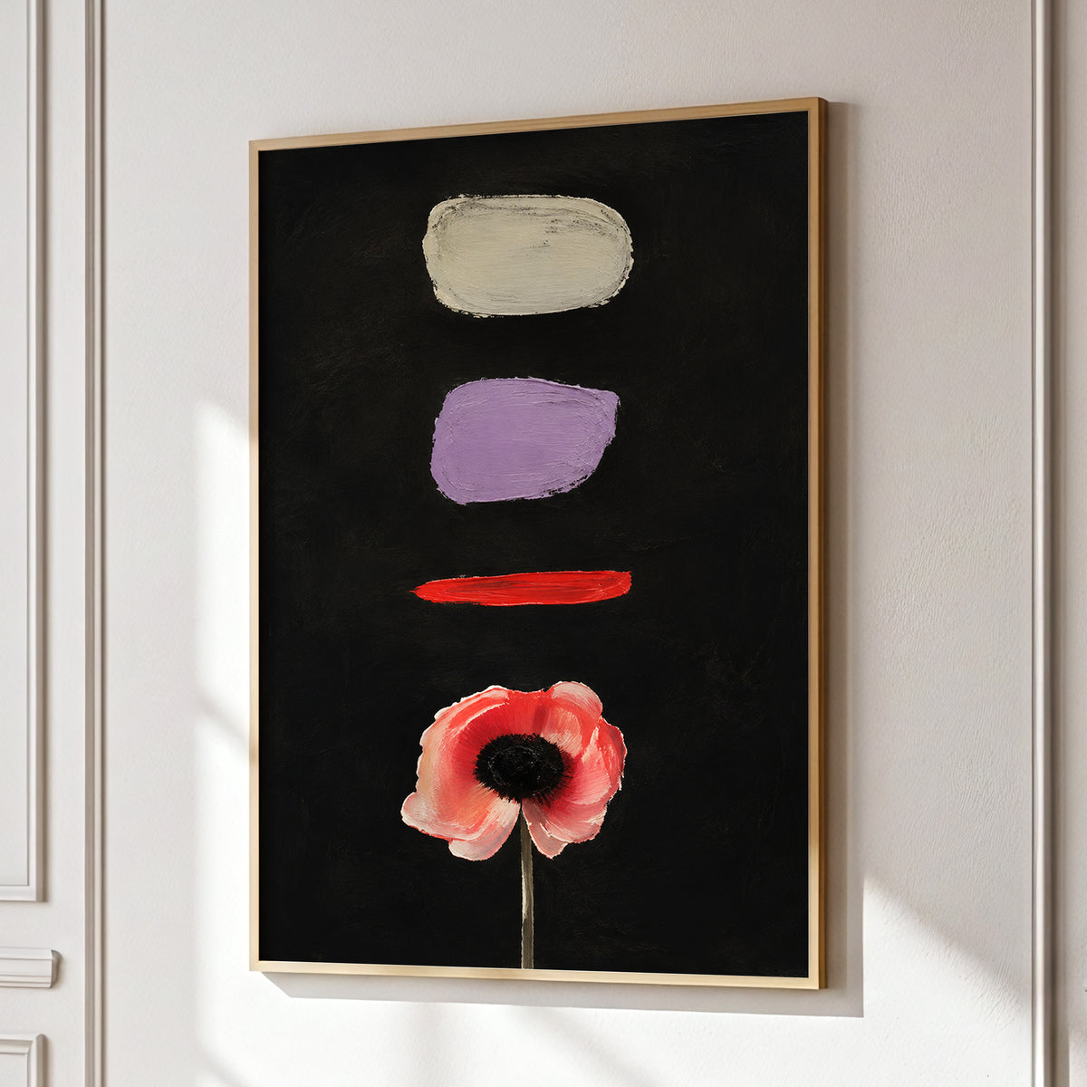 Poppy and Painted Pauses, black, pink, beige floral wall art displayed in a styled interior, gallery view 9