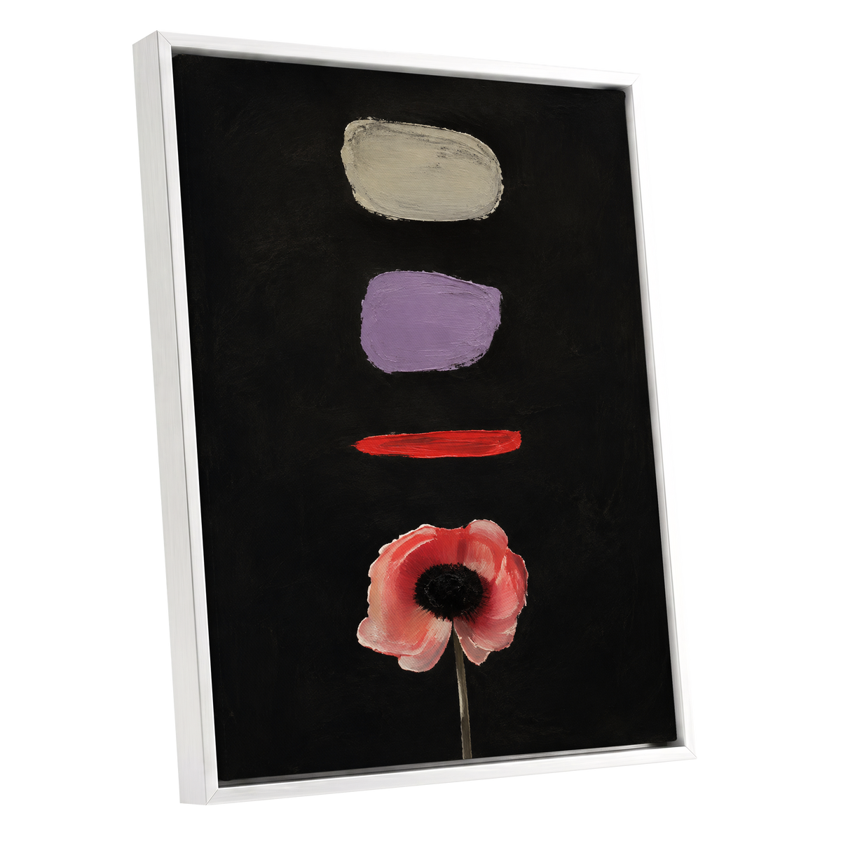 Poppy and Painted Pauses, black, pink, beige floral wall art shown as a white framed canvas wall art