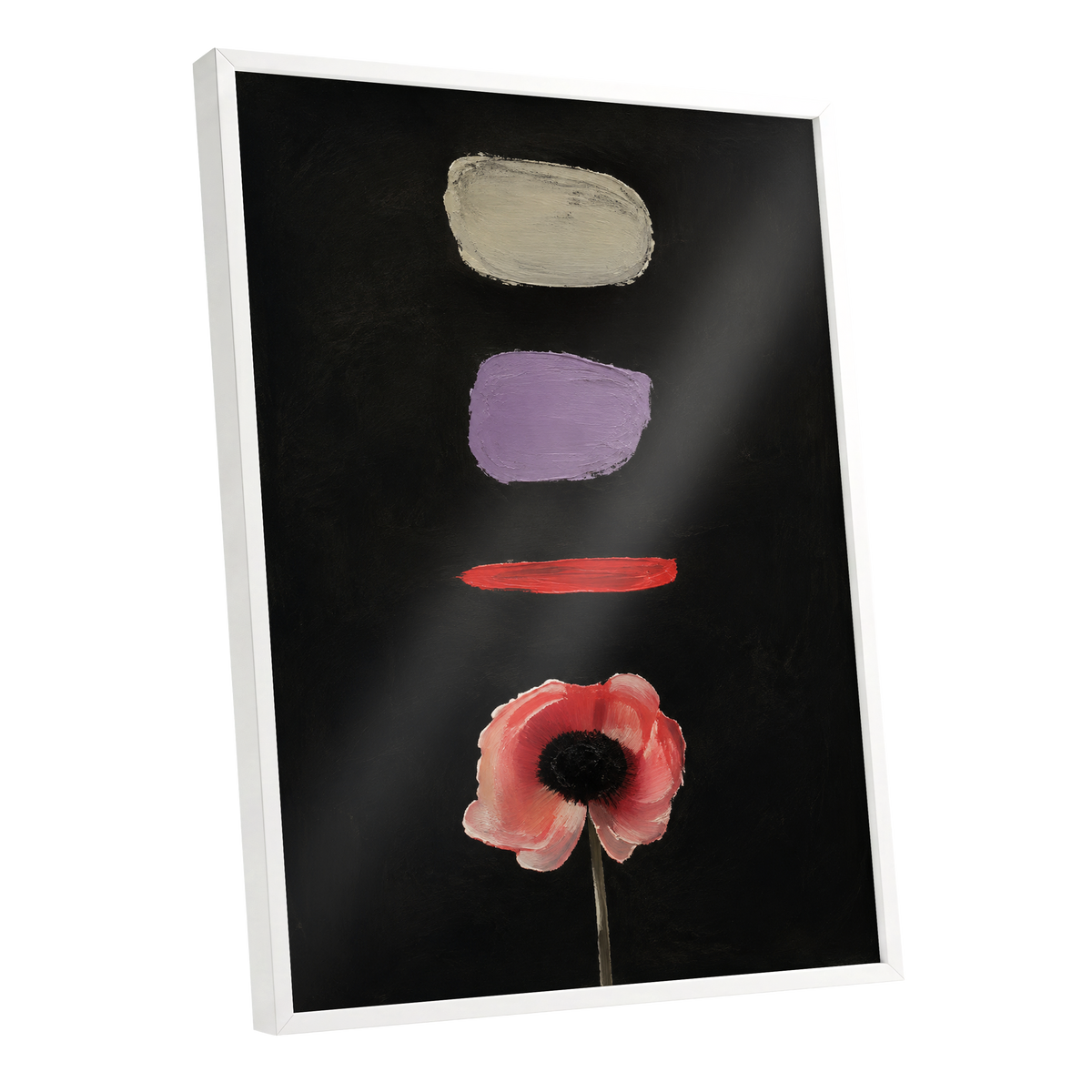 Poppy and Painted Pauses, black, pink, beige floral wall art shown as a white framed poster wall art print