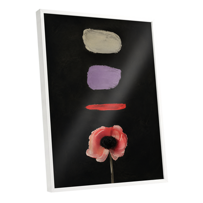Poppy and Painted Pauses, black, pink, beige floral wall art shown as a white framed poster wall art print