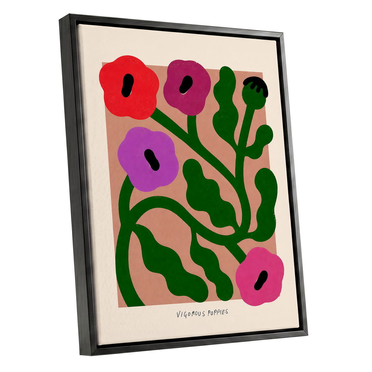 Poppy Colourplay, green, pink, red floral wall art shown as a black framed canvas wall art
