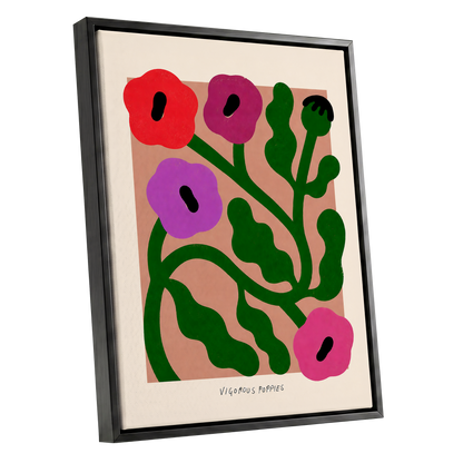 Poppy Colourplay, green, pink, red floral wall art shown as a black framed canvas wall art