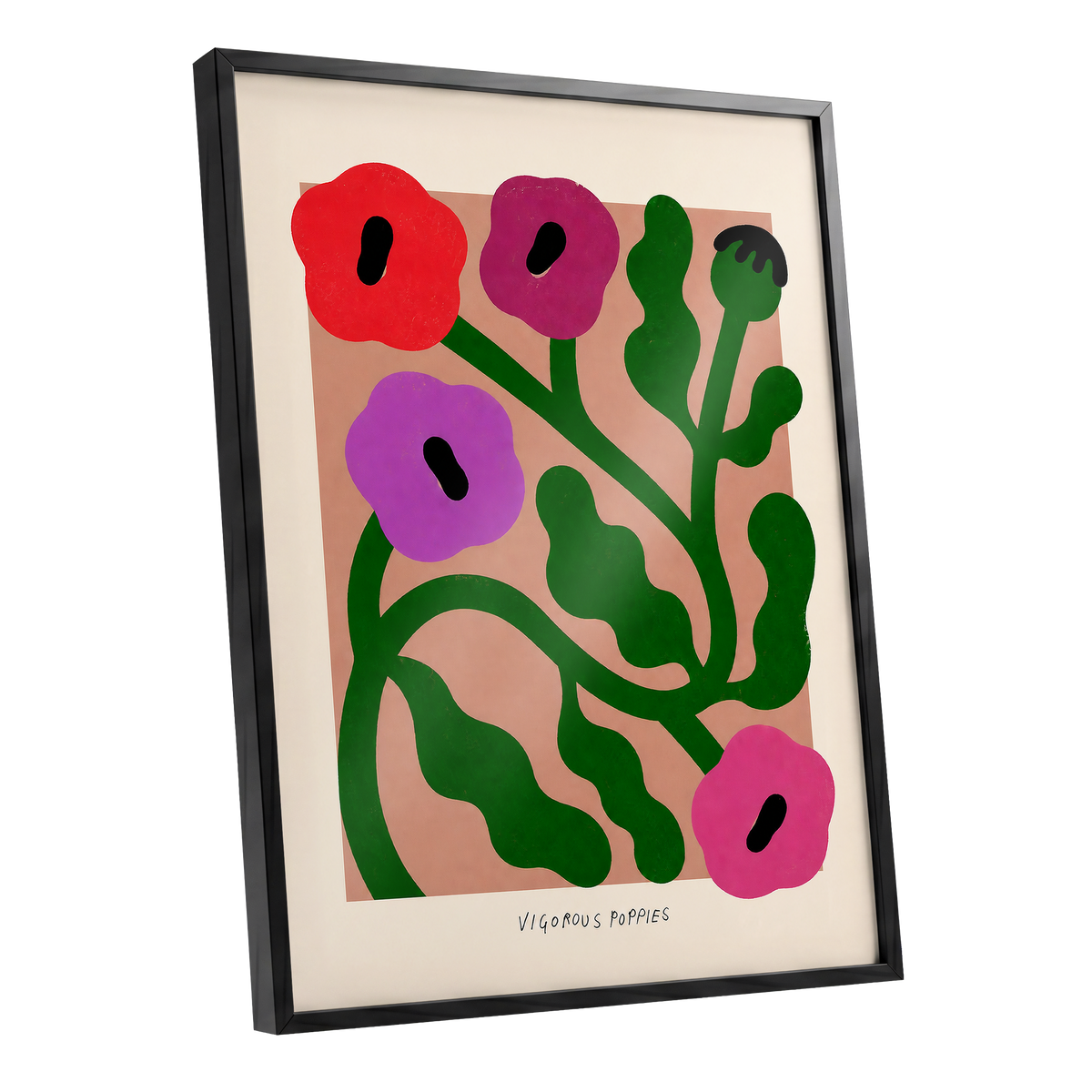 Poppy Colourplay, green, pink, red floral wall art shown as a black framed poster wall art print