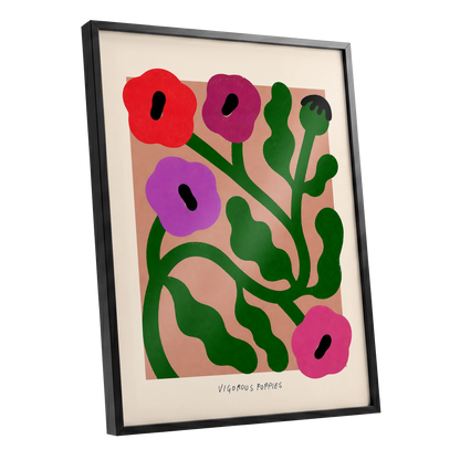 Poppy Colourplay, green, pink, red floral wall art shown as a black framed poster wall art print
