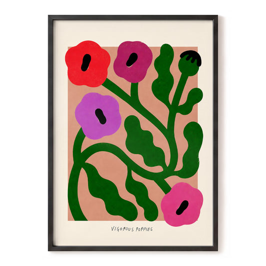 Poppy Colourplay, green, pink, red floral wall art, front artwork view