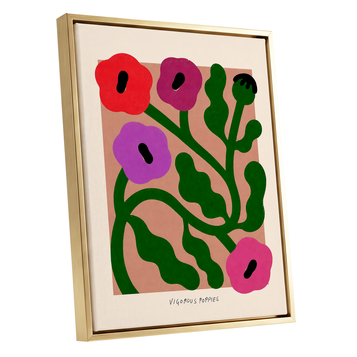 Poppy Colourplay, green, pink, red floral wall art shown as a gold framed canvas wall art