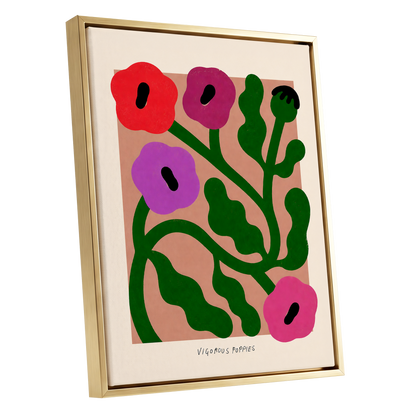 Poppy Colourplay, green, pink, red floral wall art shown as a gold framed canvas wall art