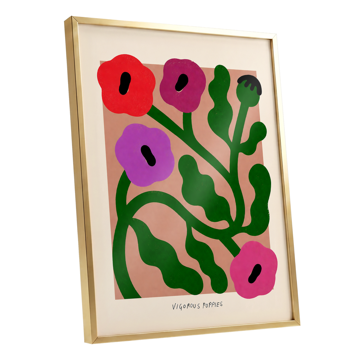 Poppy Colourplay, green, pink, red floral wall art shown as a gold framed poster wall art print