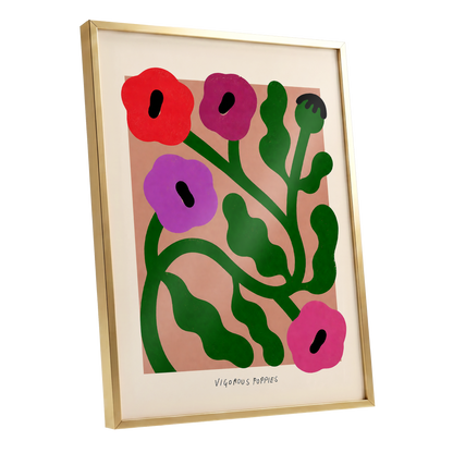 Poppy Colourplay, green, pink, red floral wall art shown as a gold framed poster wall art print