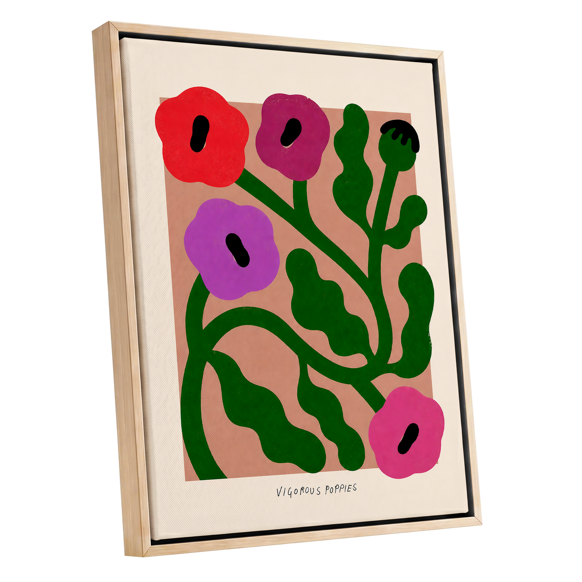 Poppy Colourplay, green, pink, red floral wall art shown as a oak framed canvas wall art