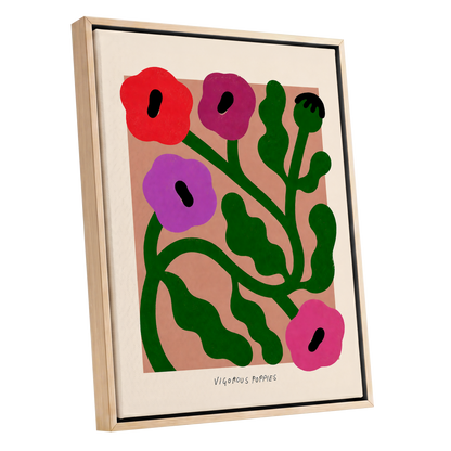 Poppy Colourplay, green, pink, red floral wall art shown as a oak framed canvas wall art
