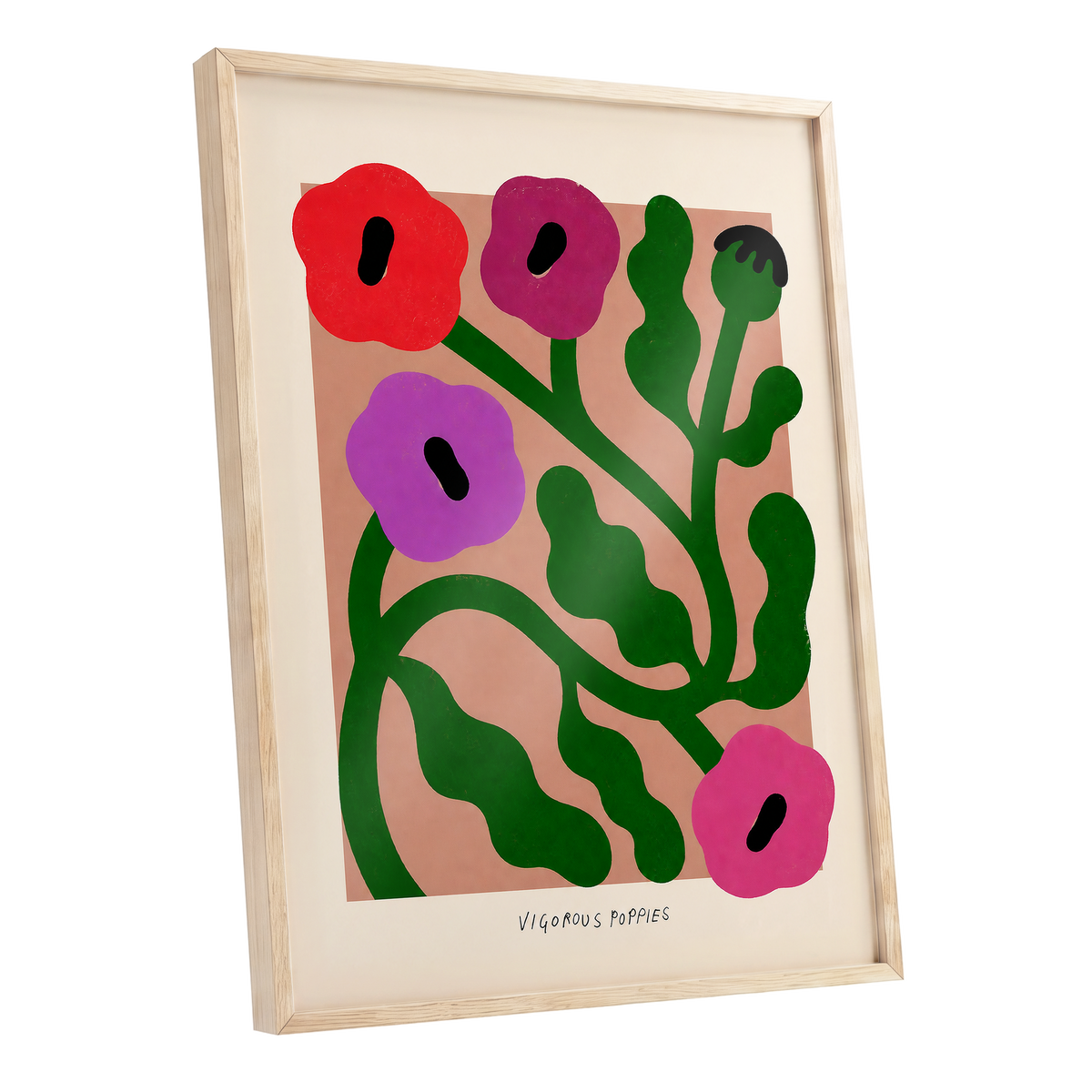 Poppy Colourplay, green, pink, red floral wall art shown as a oak framed poster wall art print