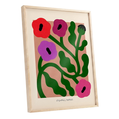 Poppy Colourplay, green, pink, red floral wall art shown as a oak framed poster wall art print