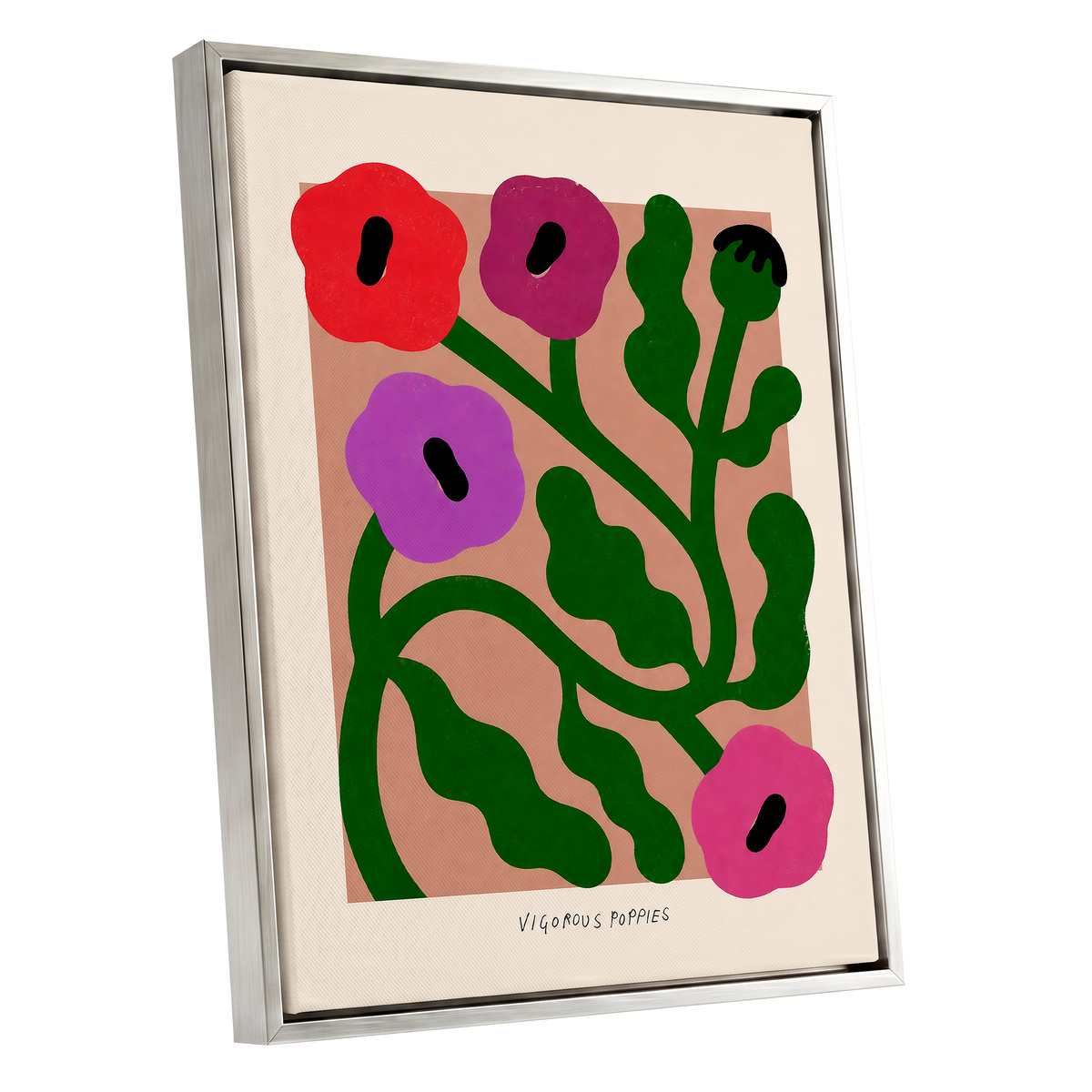Poppy Colourplay, green, pink, red floral wall art shown as a silver framed canvas wall art