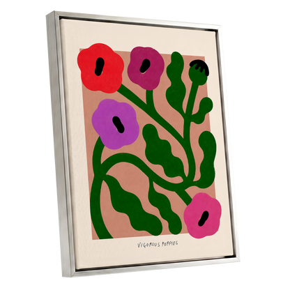 Poppy Colourplay, green, pink, red floral wall art shown as a silver framed canvas wall art