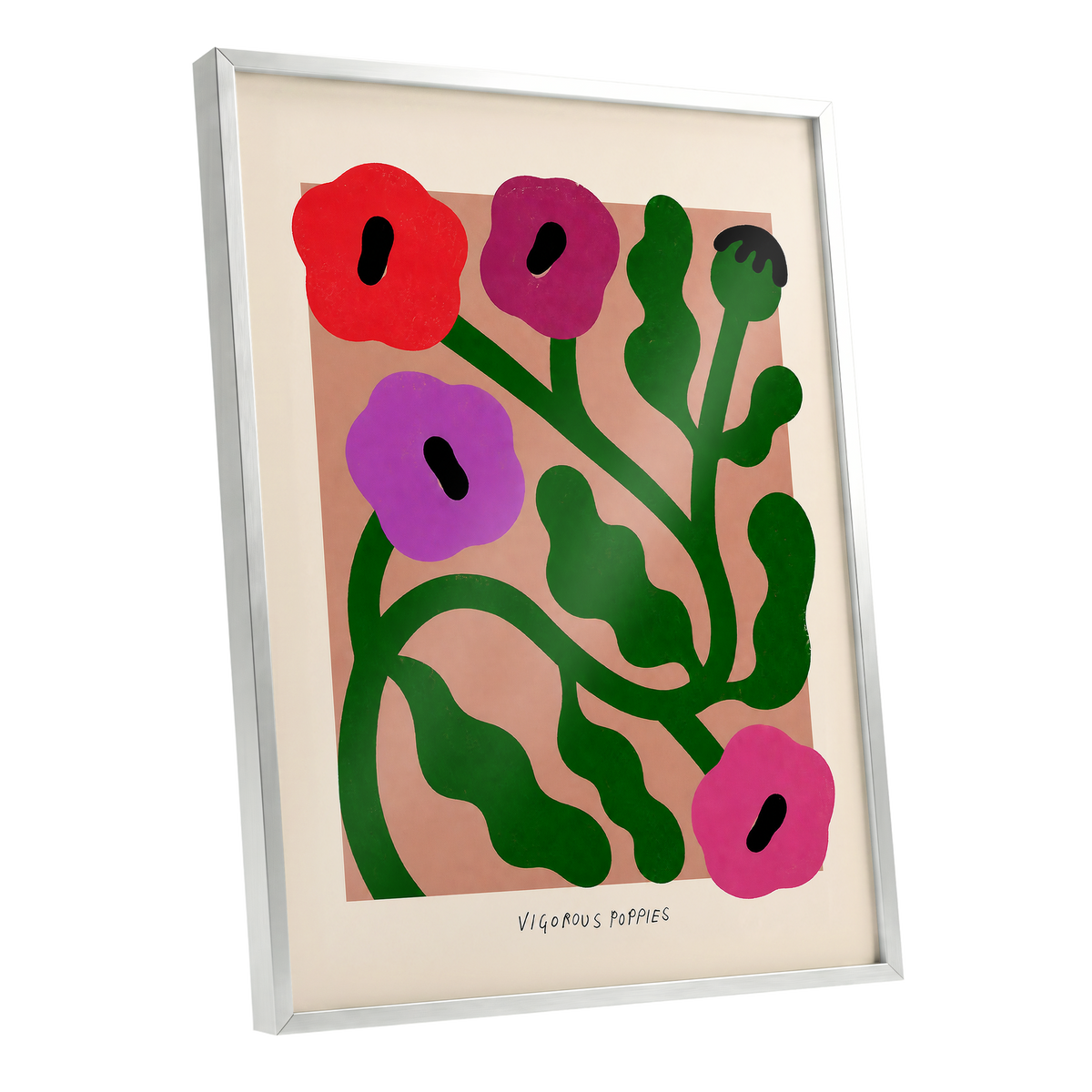 Poppy Colourplay, green, pink, red floral wall art shown as a silver framed poster wall art print